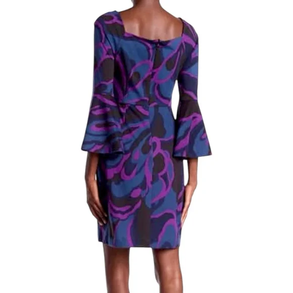 Trina Turk Size 14 Bell Sleeve Dress | Purple & Blue Swirl Geometric Mod Print - Picture 4 of 11